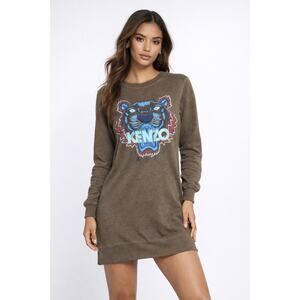 Kenzo Tiger Graphic Logo Sweatshirt Dress Dark Green Cotton Womens Lg